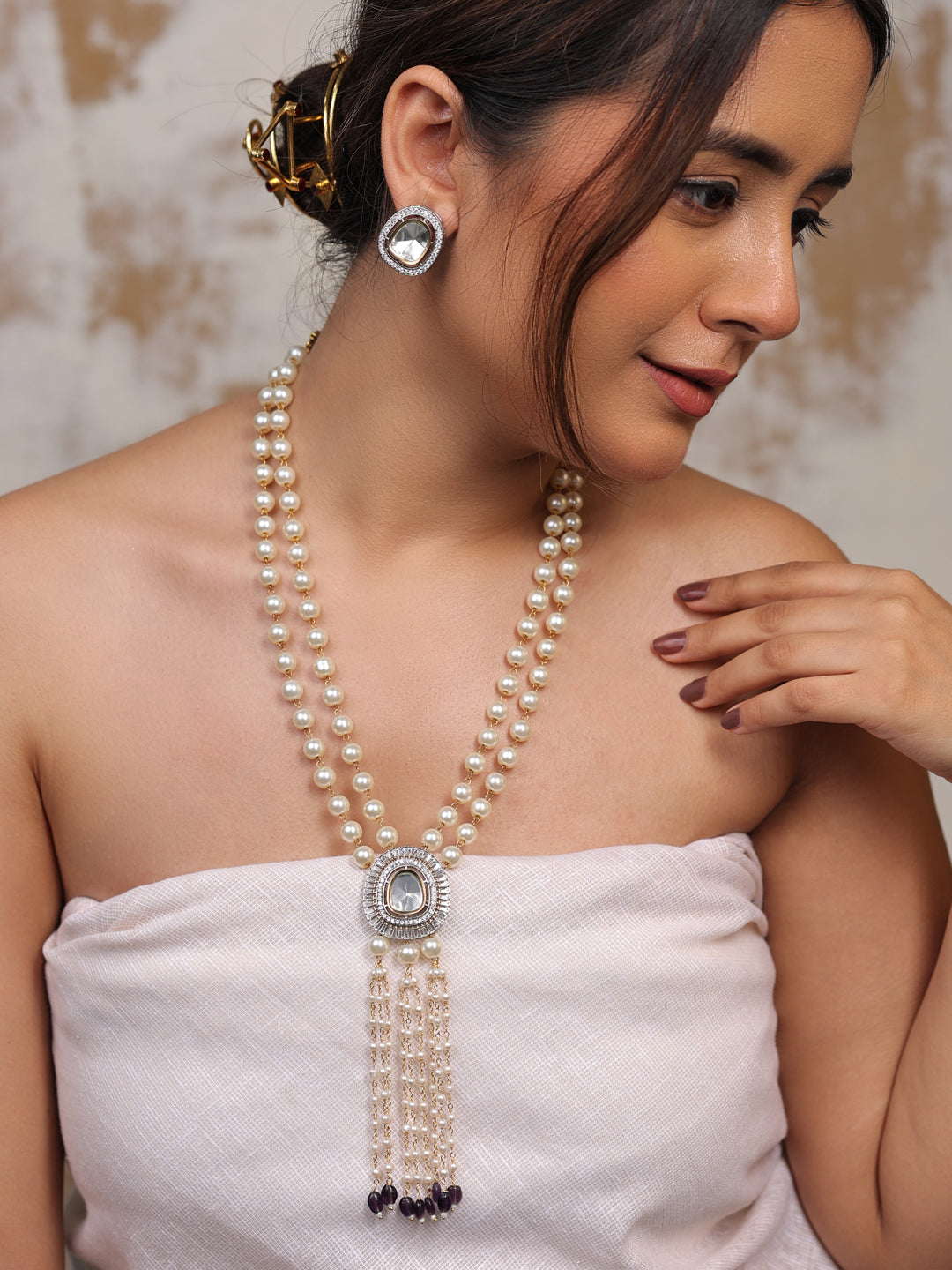 Regal Cascade Kundan Pearl Necklace Set