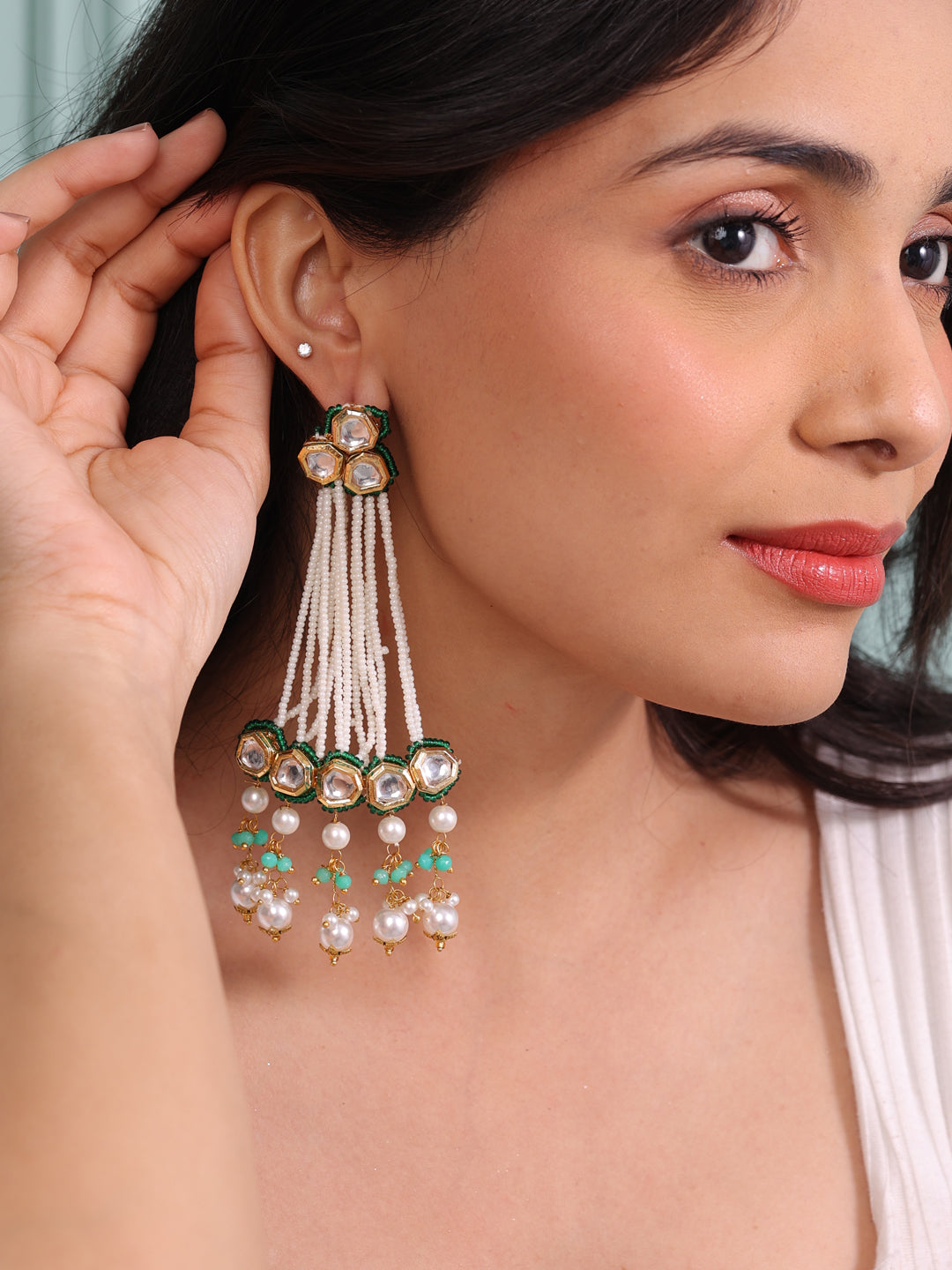 Mriga Verdant Charm Kundan-Pearl Dangling Earrings