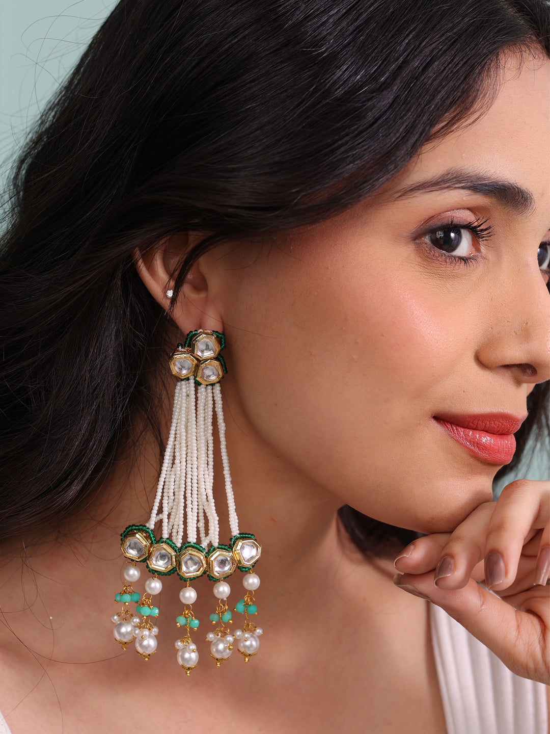 Mriga Verdant Charm Kundan-Pearl Dangling Earrings
