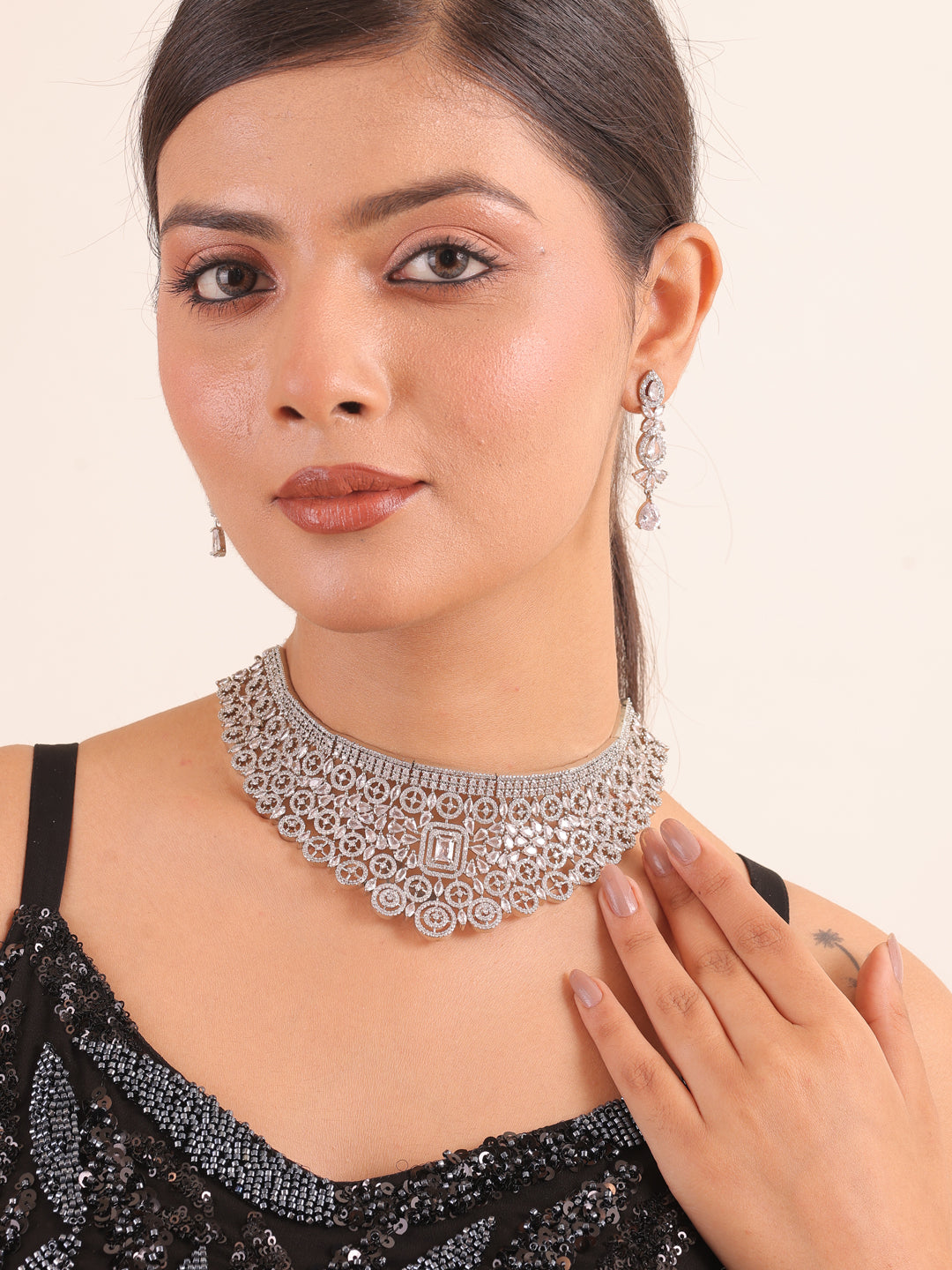 Silver Petal AD Necklace Set