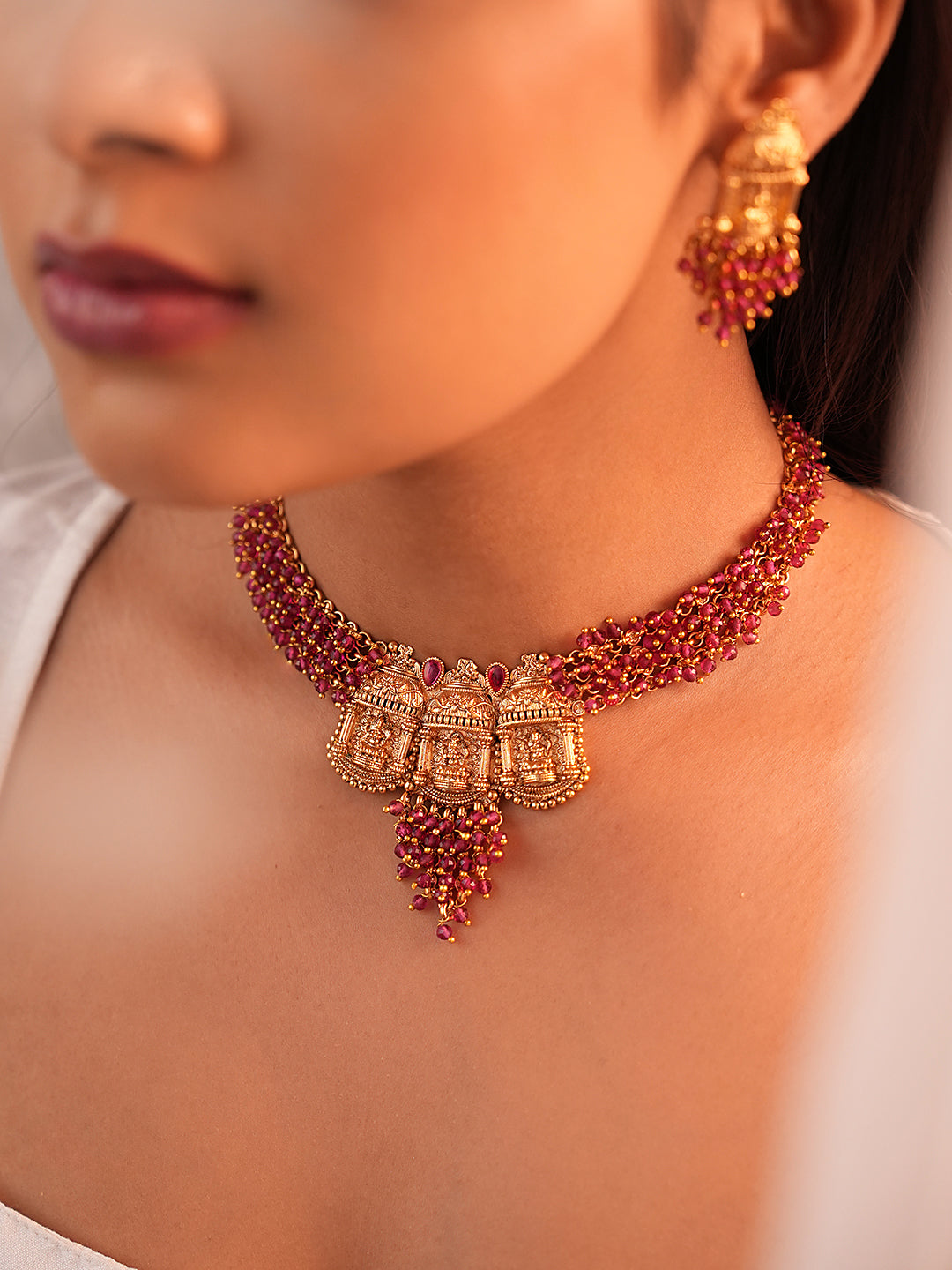 Golden Laxmi Rani Wine Beaded Necklace Set