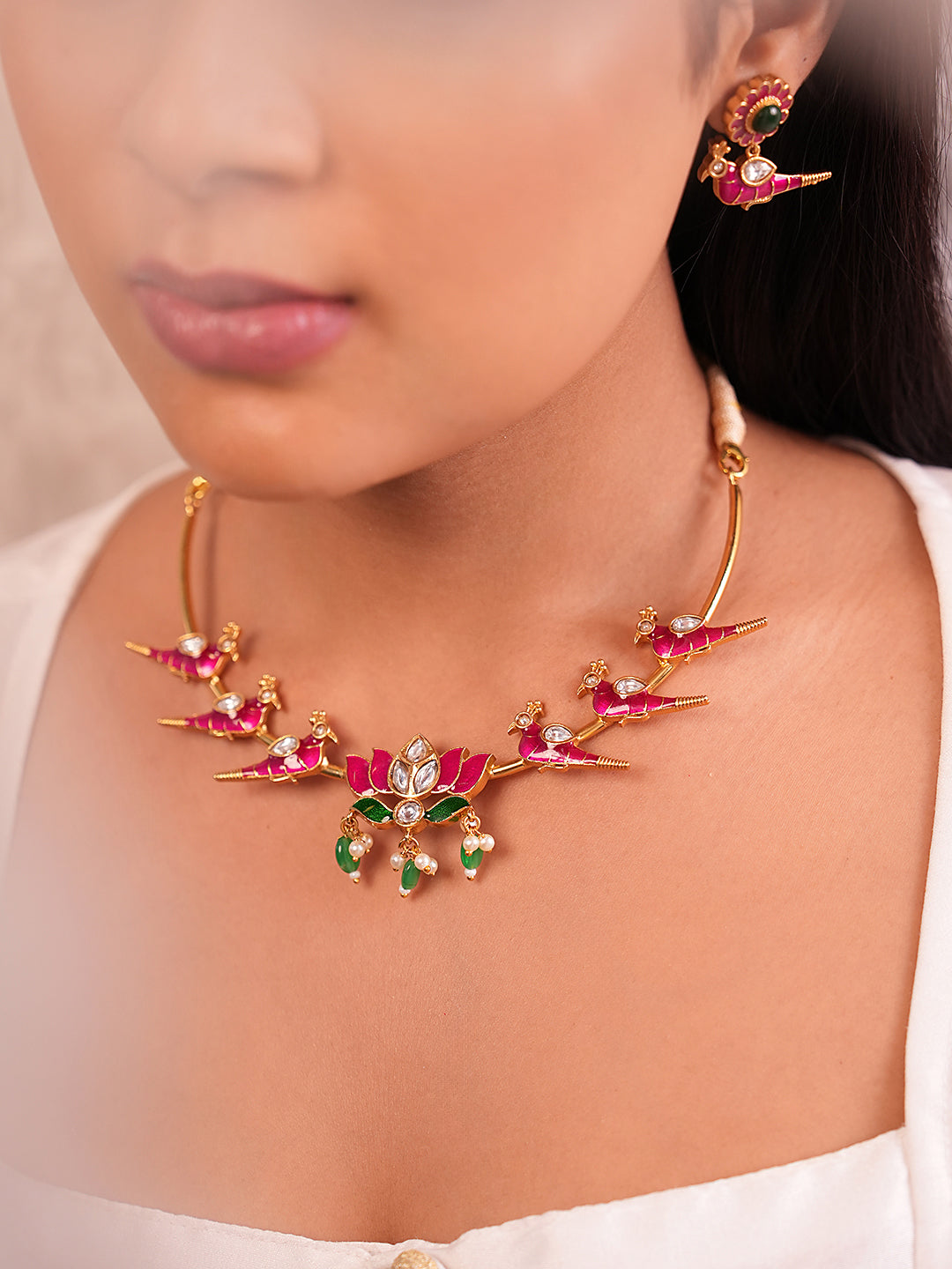 Gold-Plated Zaira Pakhi Lotus Meenakari Necklace Set