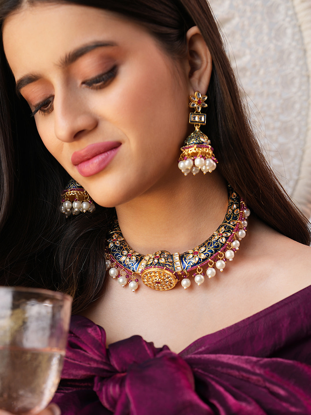Rajmani Meenakari Pearl Choker Set