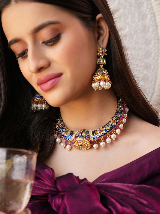 Rajmani Meenakari Pearl Choker Set