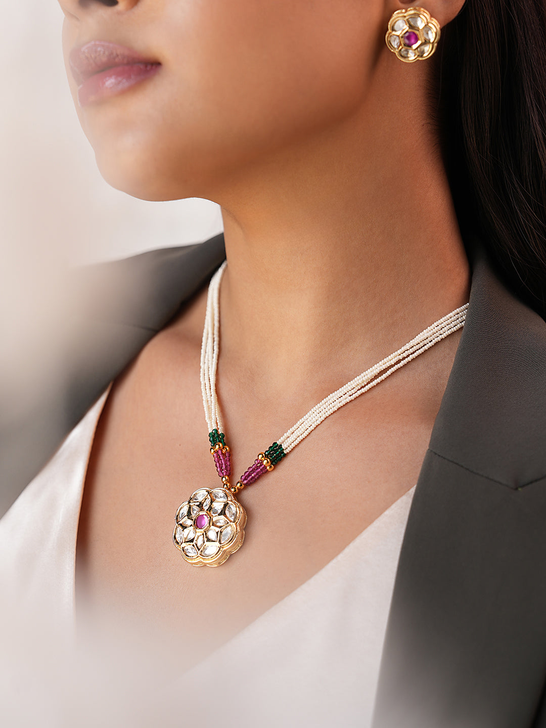 Aahana Beaded Kundan Pendant Set