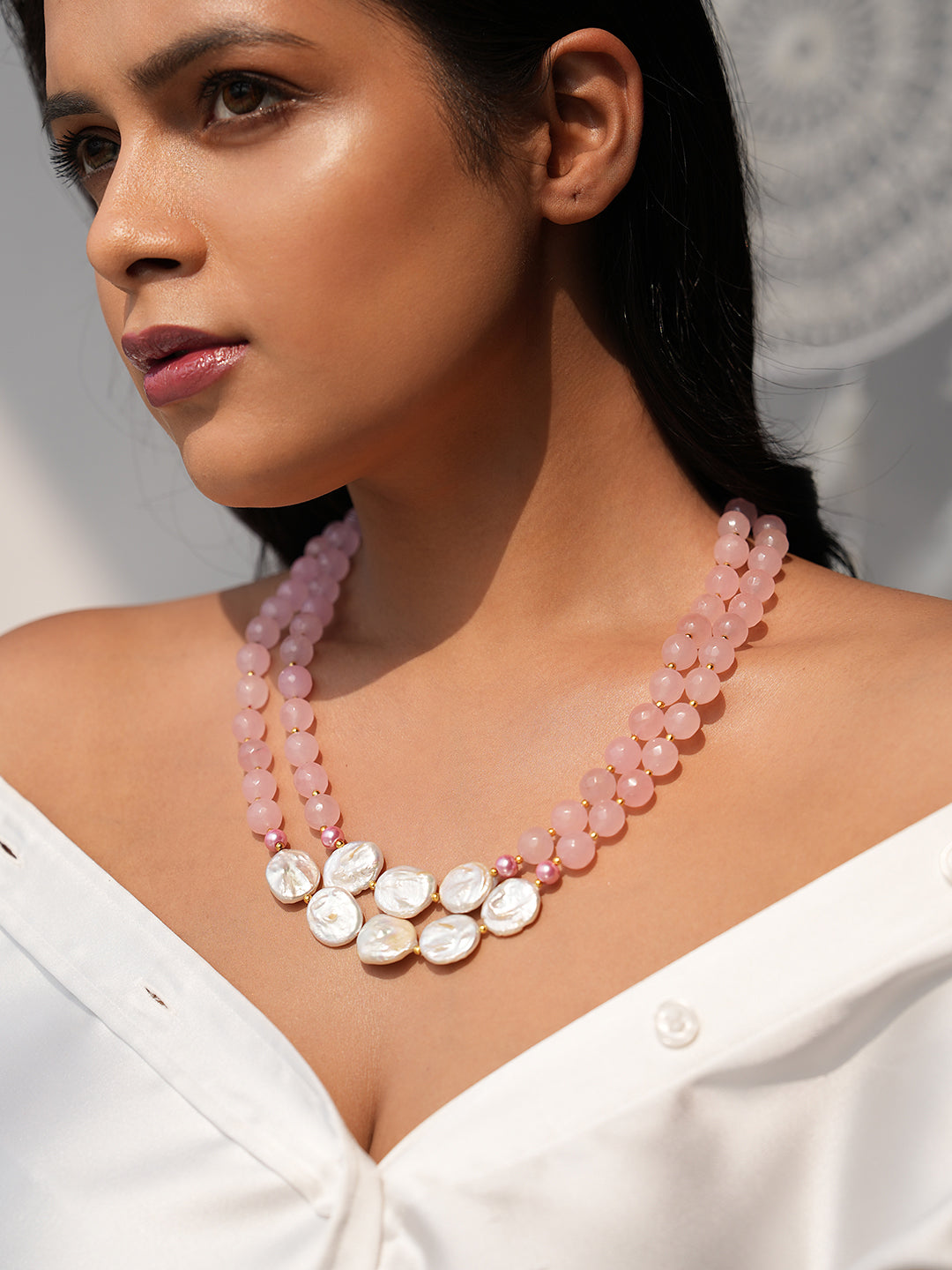 Aloria Elegant Double-Layered Rose Quartz & Mother-of-Pearl Necklace