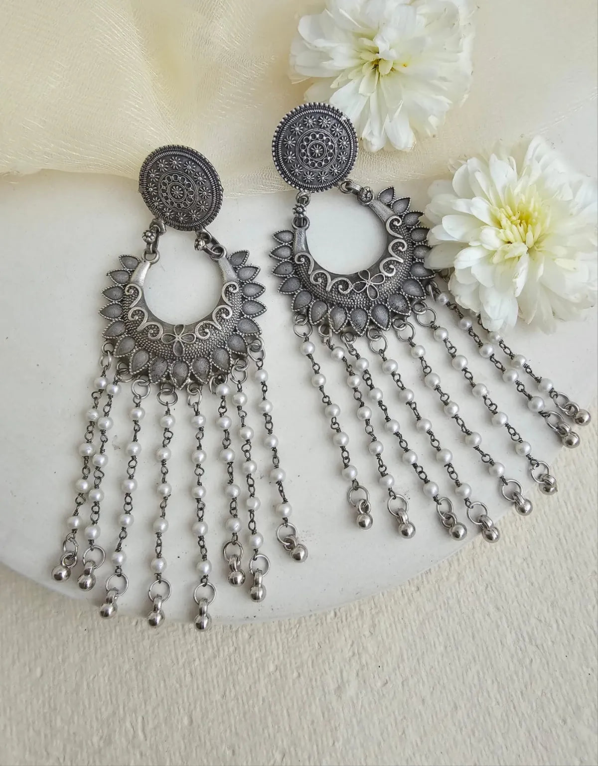 Ananya Contemporary Silver-Plated Drop Earrings With Pearls