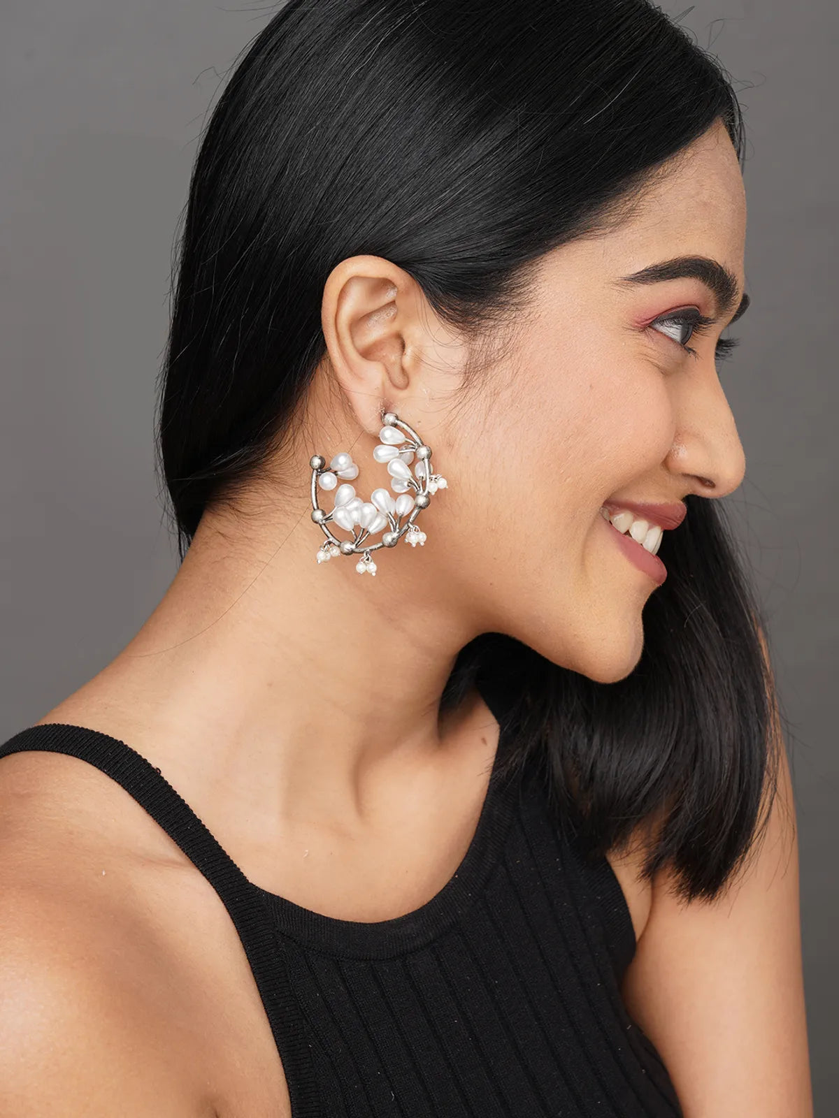 Lina Graceful Silver Toned Pearl Hoops