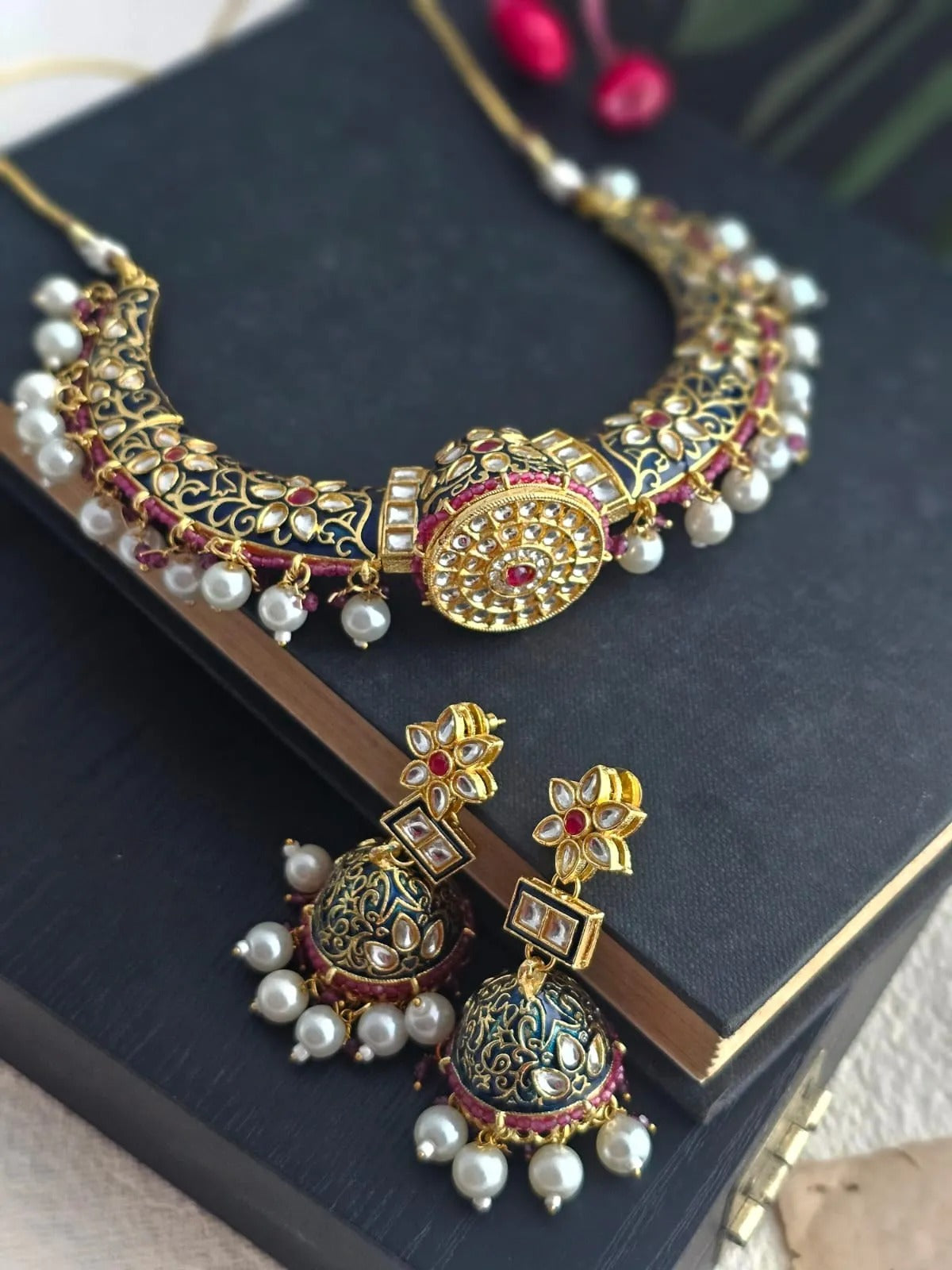 Rajmani Meenakari Pearl Choker Set