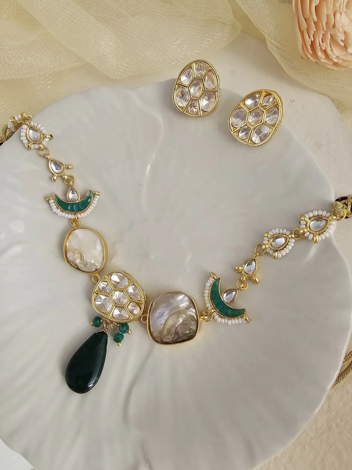 Riana Handmade Pachi Choker Set with Kundan Earrings