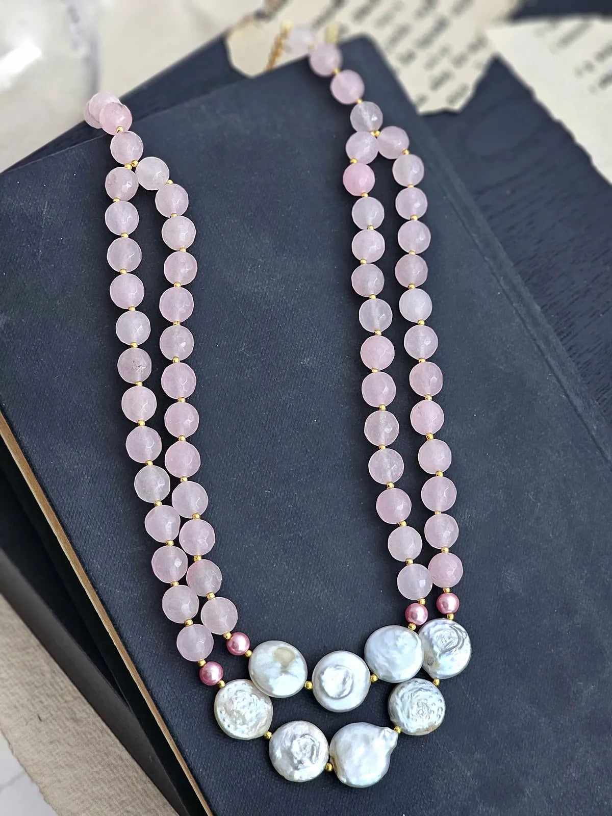 Aloria Elegant Double-Layered Rose Quartz & Mother-of-Pearl Necklace