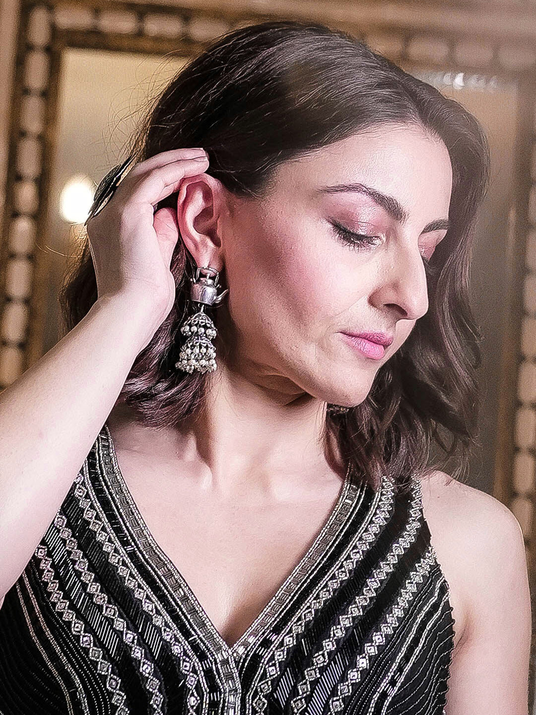 Sarvagina German Silver Teapot Double Jhumka Earrings