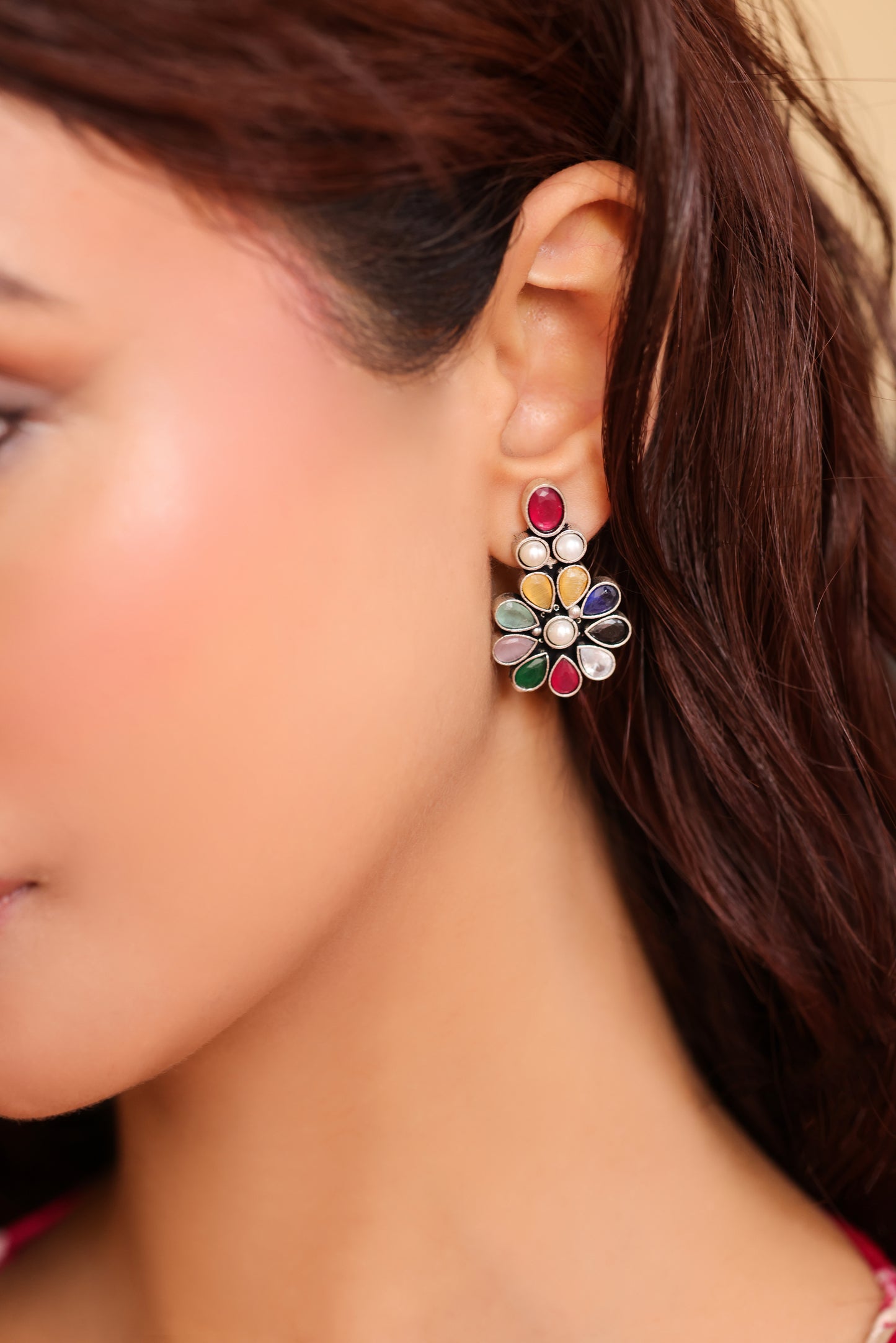 Binnis Wardrobe German Silver Antique Multi color Flower Stud