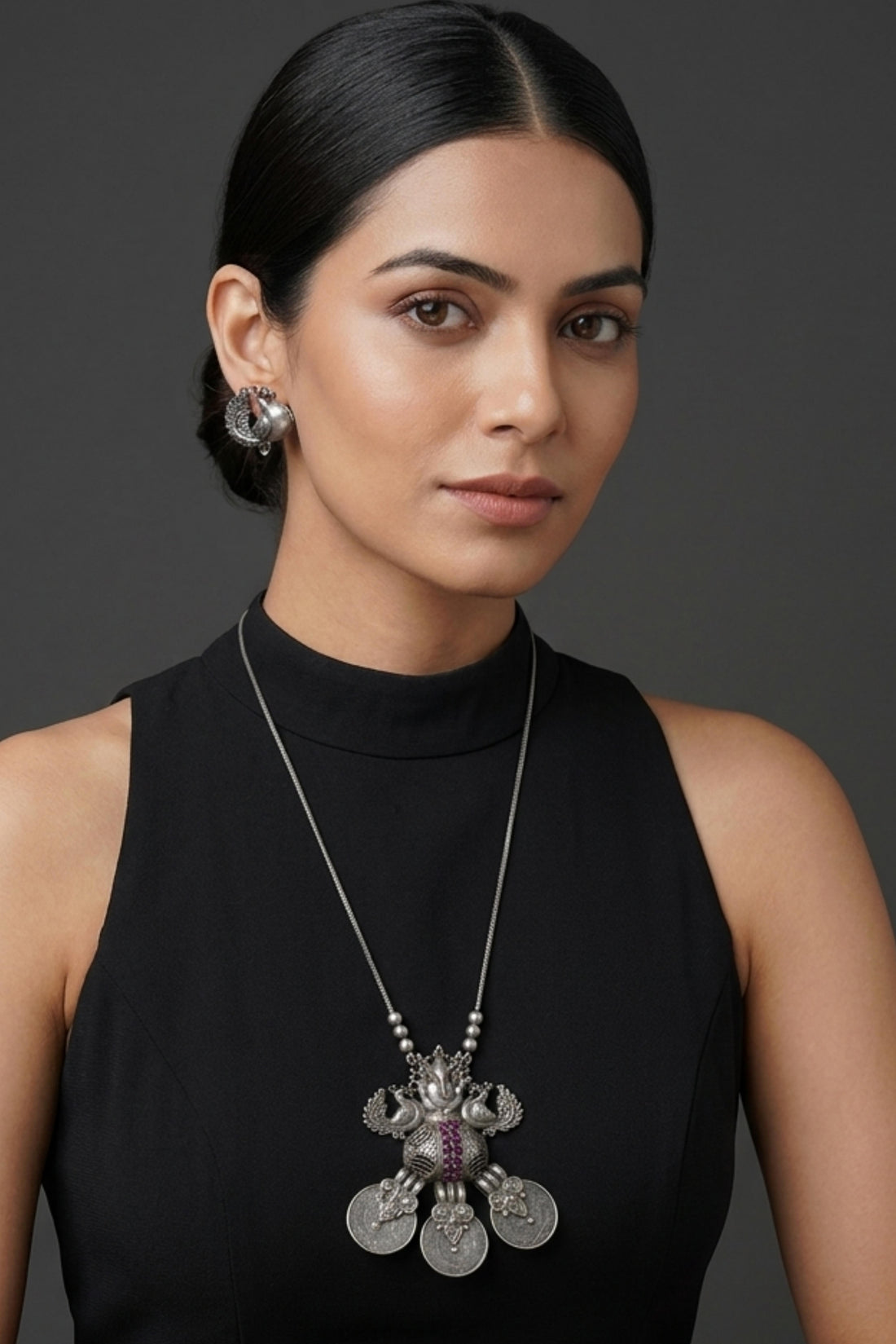 Astu German Silver Ganesh Long Pendant Necklace Set