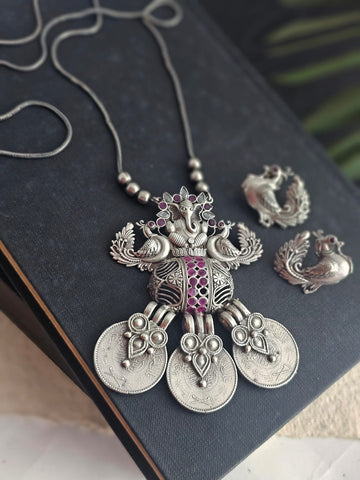 Astu German Silver Ganesh Long Pendant Necklace Set