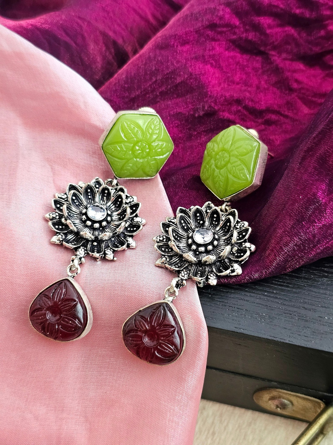 Silver plated german silver green drop earring