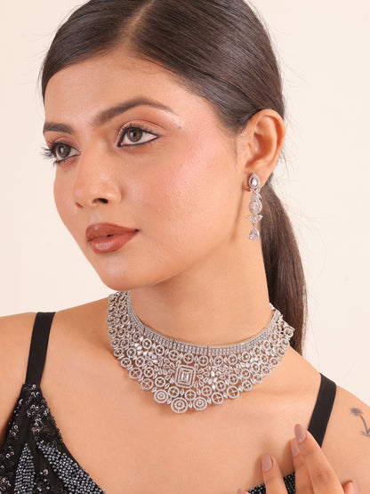 Silver Petal AD Necklace Set