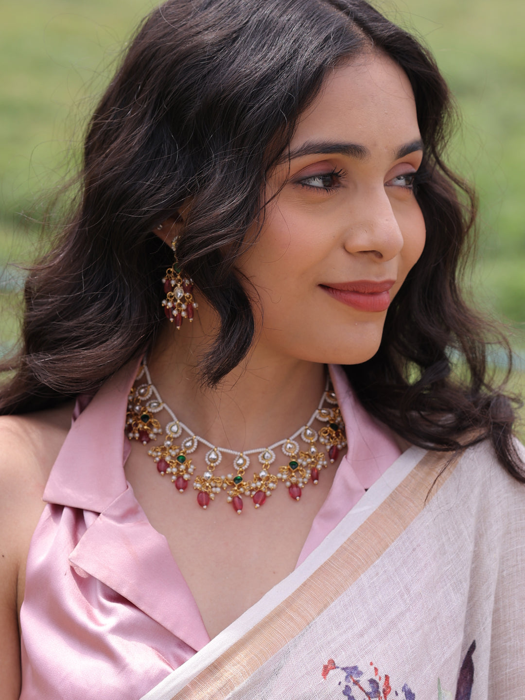 Rosy Splendor Eternal Charm Pachi Kundan Necklace Set