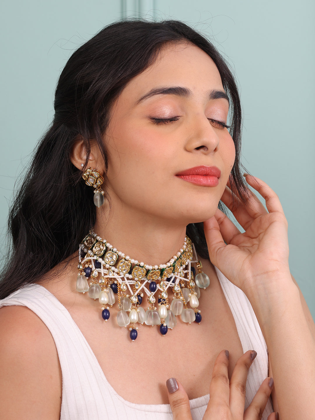 Samira Light Blue Pachi Kundan Necklace Set