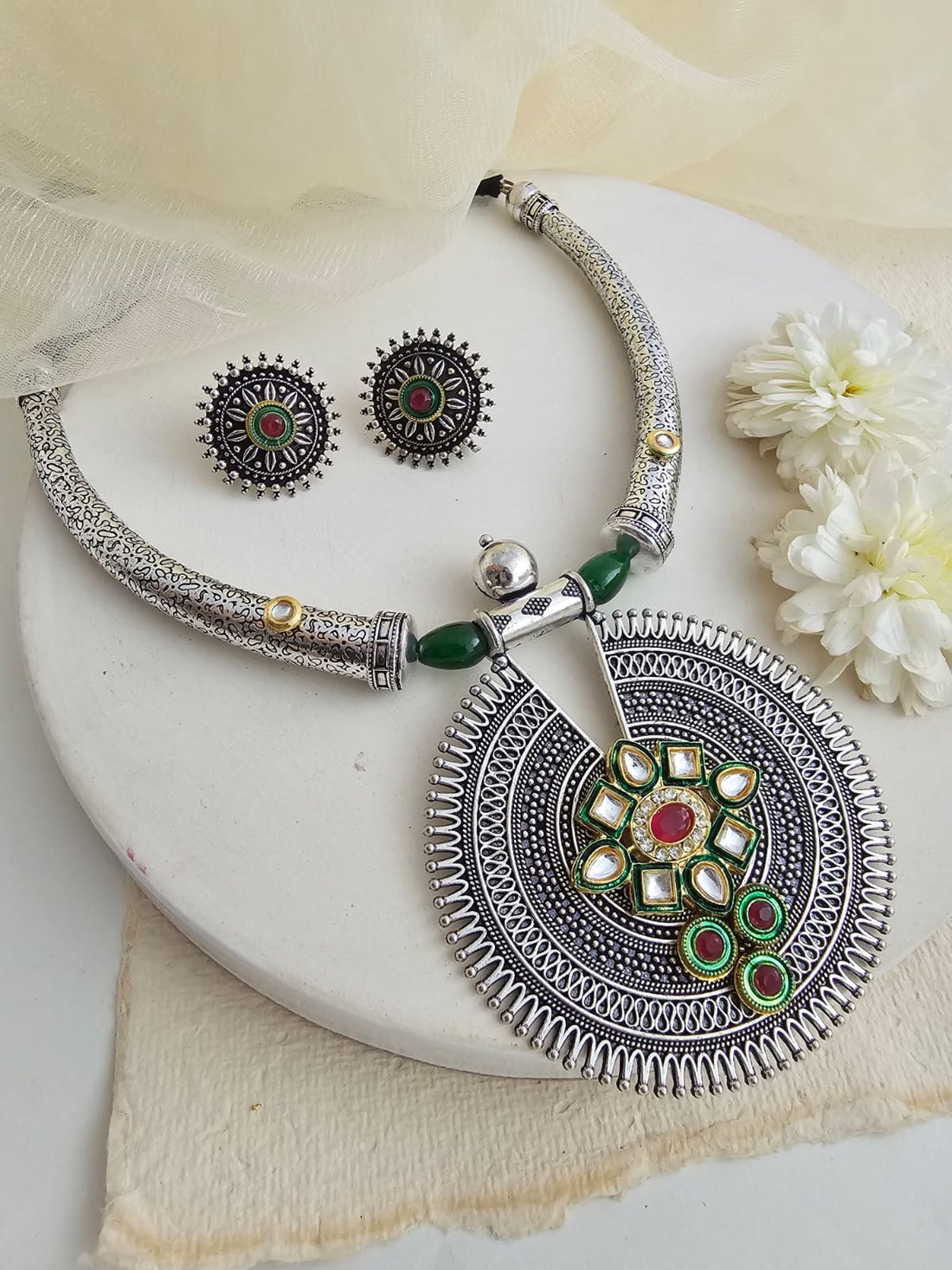 German Silver Necklace Set With Large Circular Pendant.