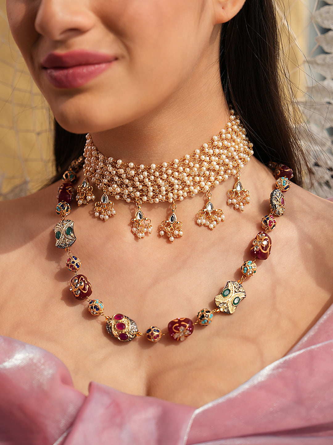 Celestia Red Handpainted Quartz Necklace & Pearl Choker Combo Set