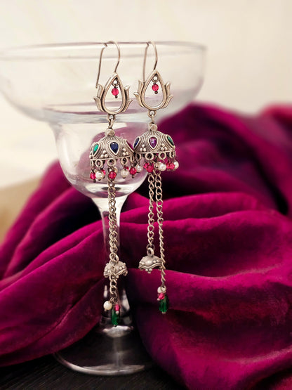 Jivika Multicolored Kundan Antique German Silver Jhumka Danglers