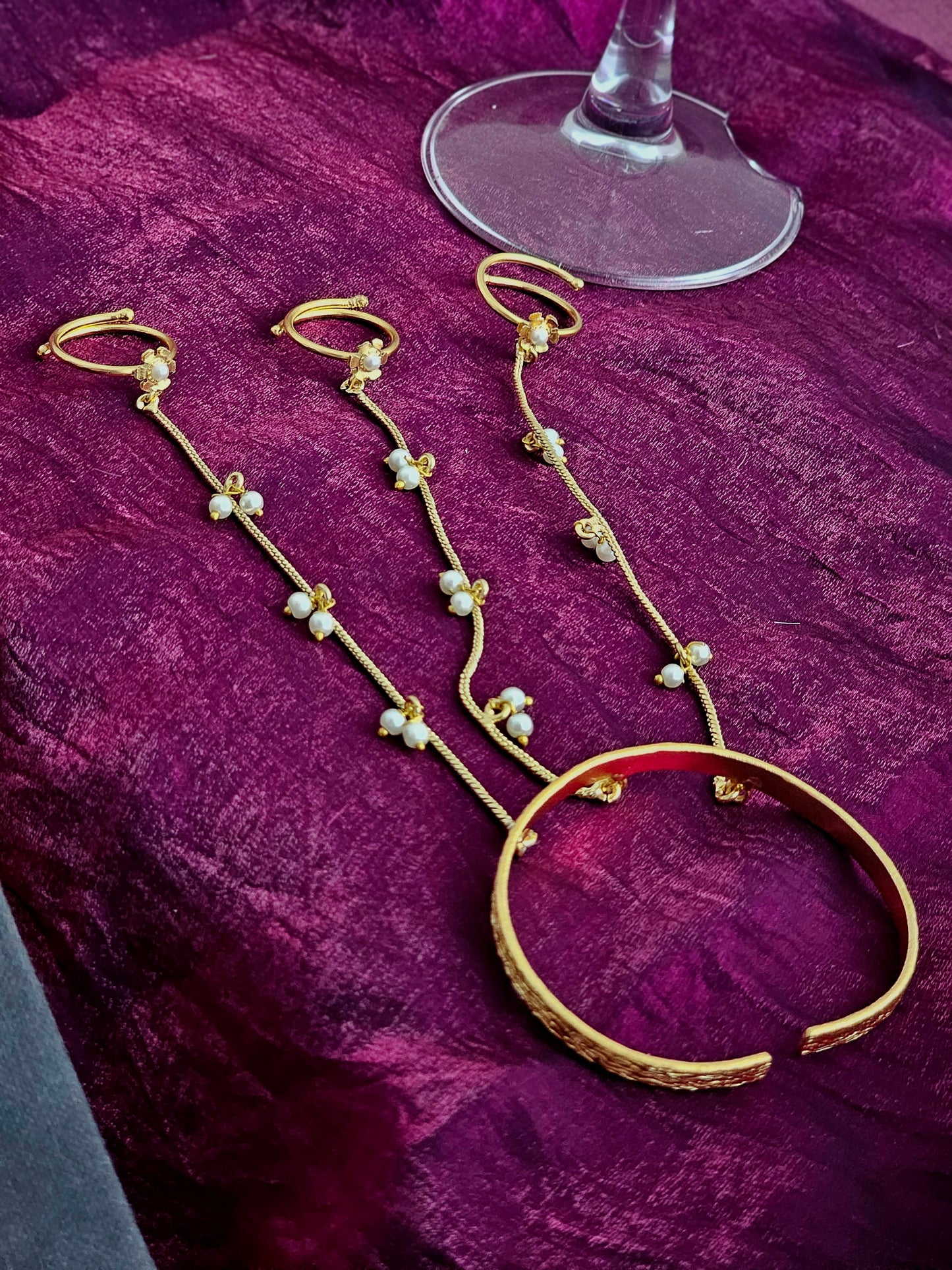 Pearl Linked Trio Hathphool Bracelet