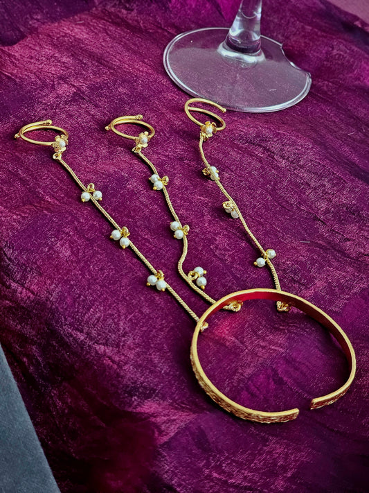 Pearl Linked Trio Hathphool Bracelet