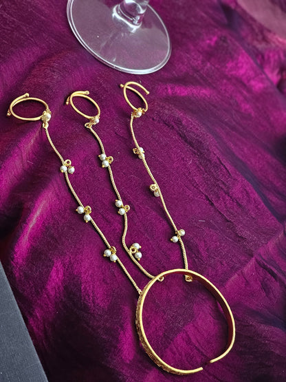 Pearl Linked Trio Hathphool Bracelet