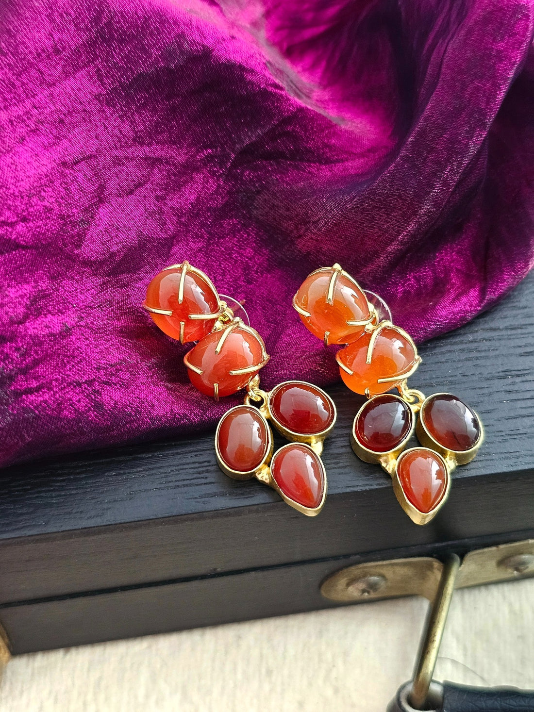 Red Stone Halo Dangle Earrings
