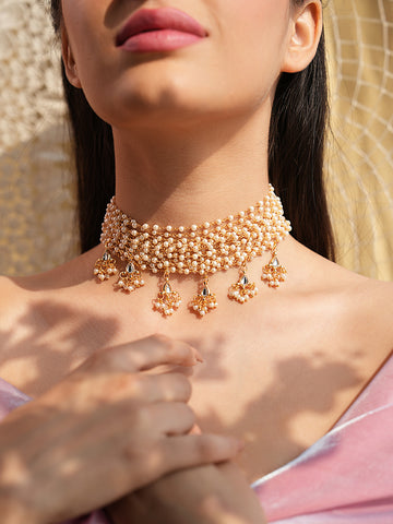 Varnika Layered Pearl Choker Necklace With Gold Beaded Pendants