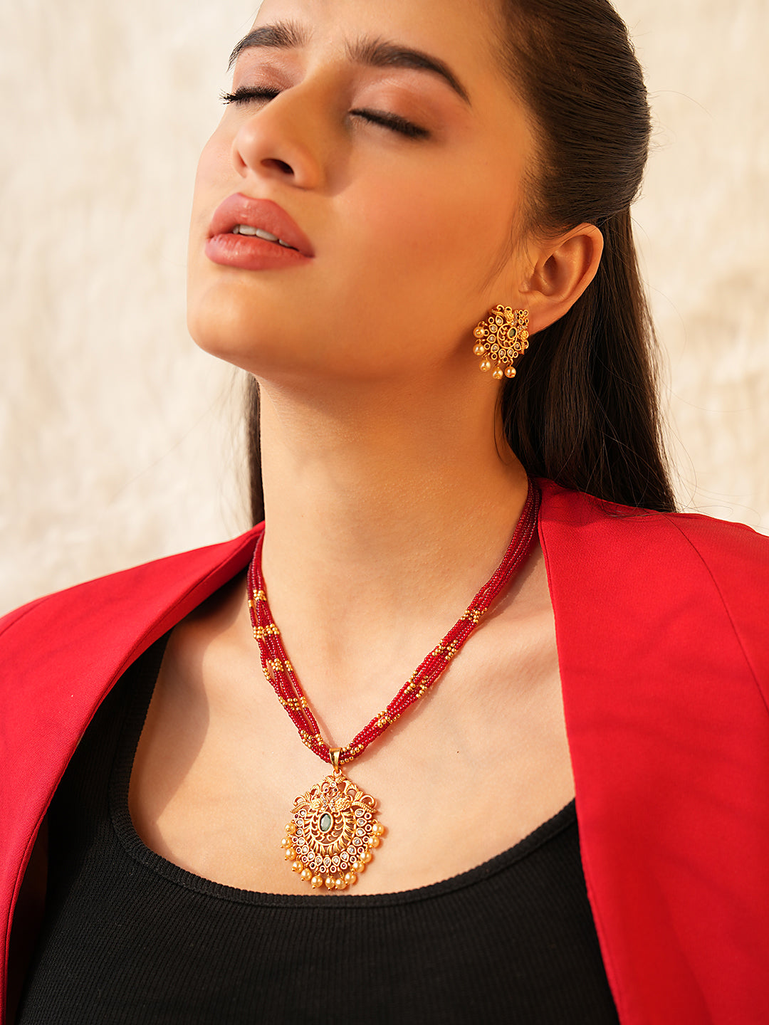 Mayura Pearl & Kundan Red Necklace Set