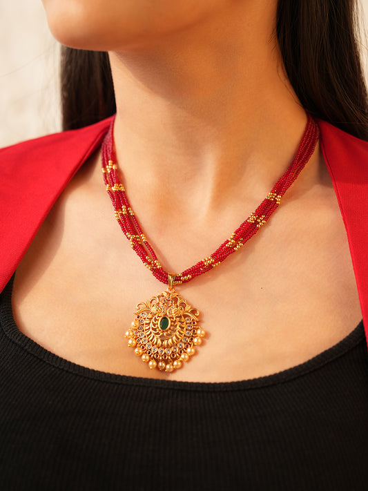 Mayura Pearl & Kundan Red Necklace Set