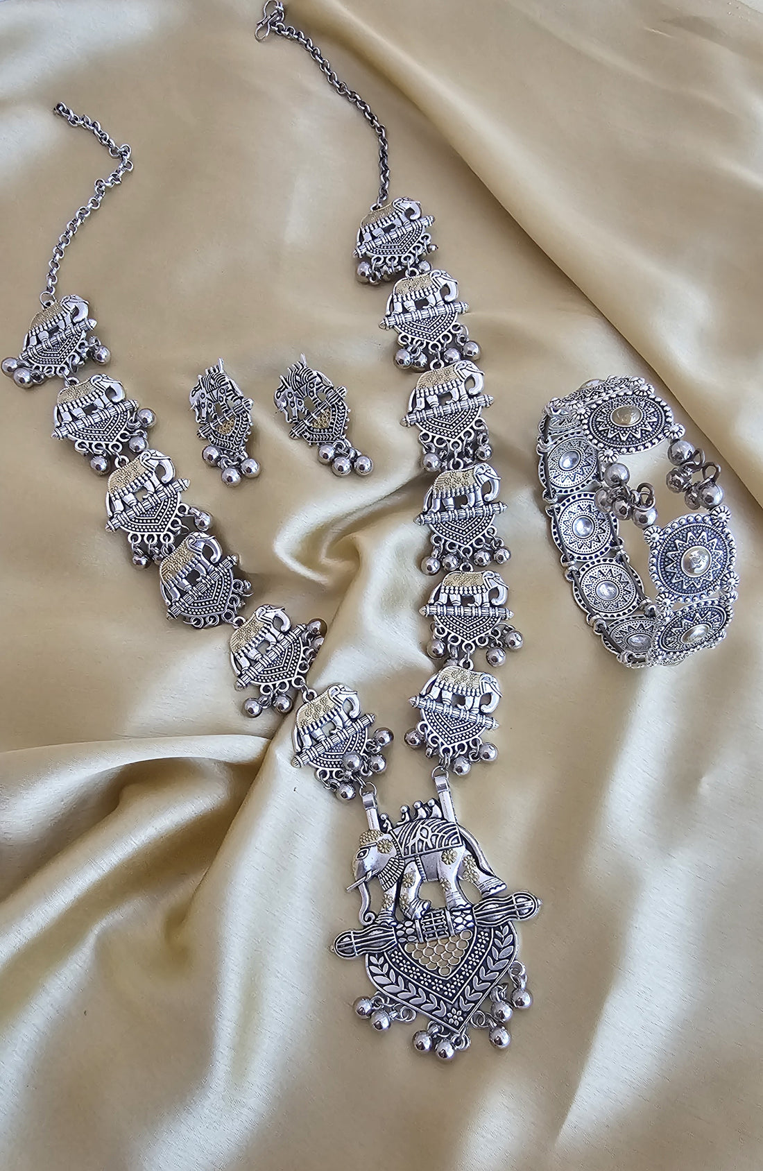 Tusker Treasures German Silver Elephant Pendant Necklace Set with Bracelet