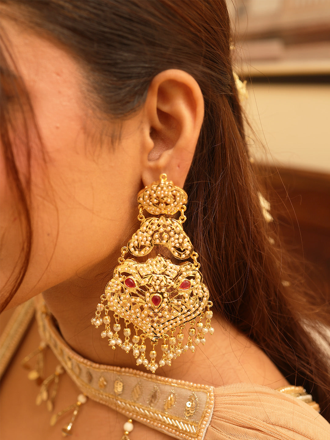 Ruby Jadau Pearl Dangler Earrings