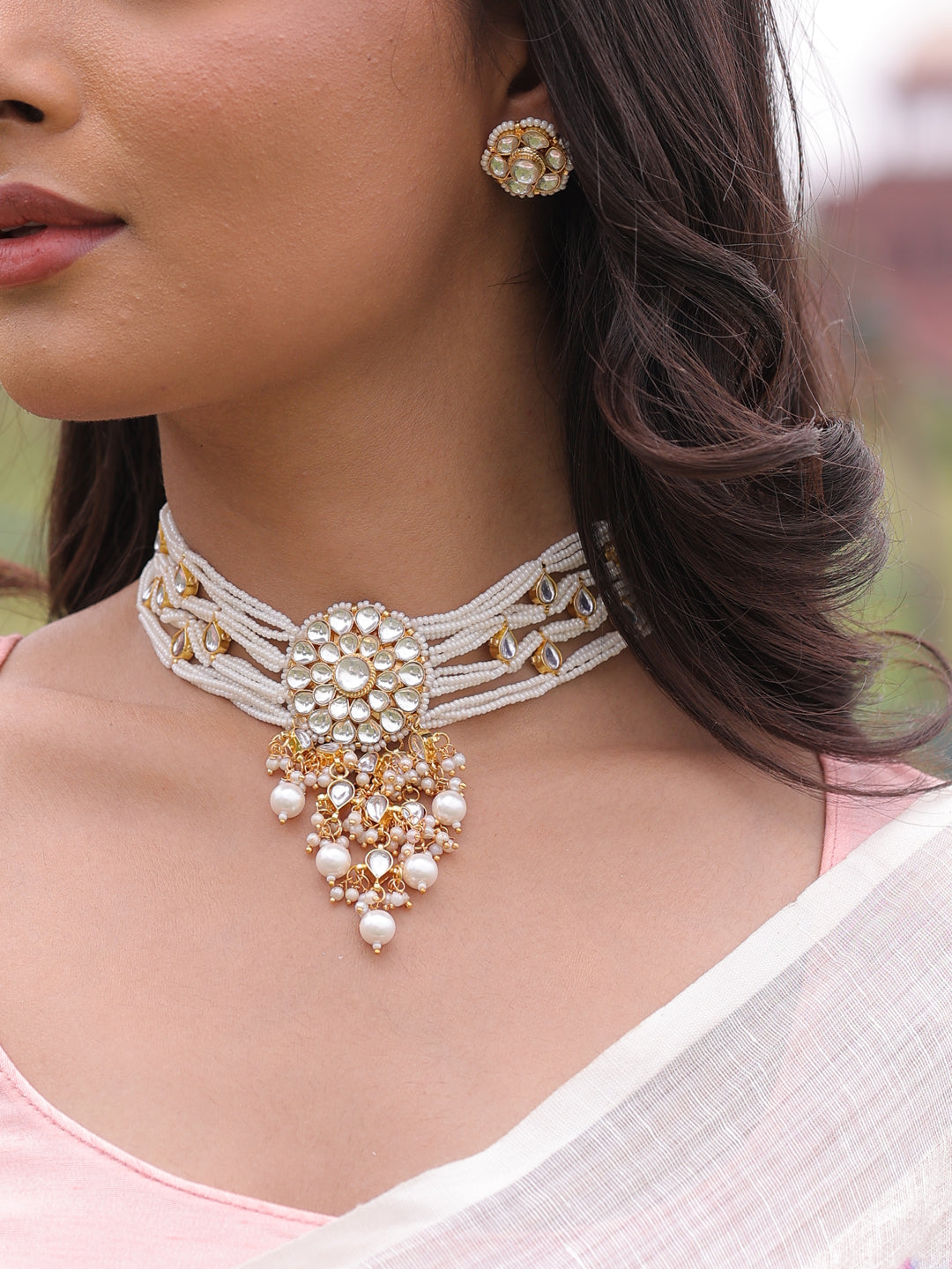 Anaya Blossom Graceful Pachi Kundan Pearl Necklace Set