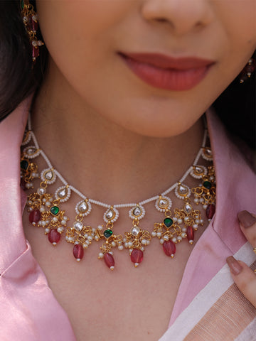 Rosy Splendor Eternal Charm Pachi Kundan Necklace Set