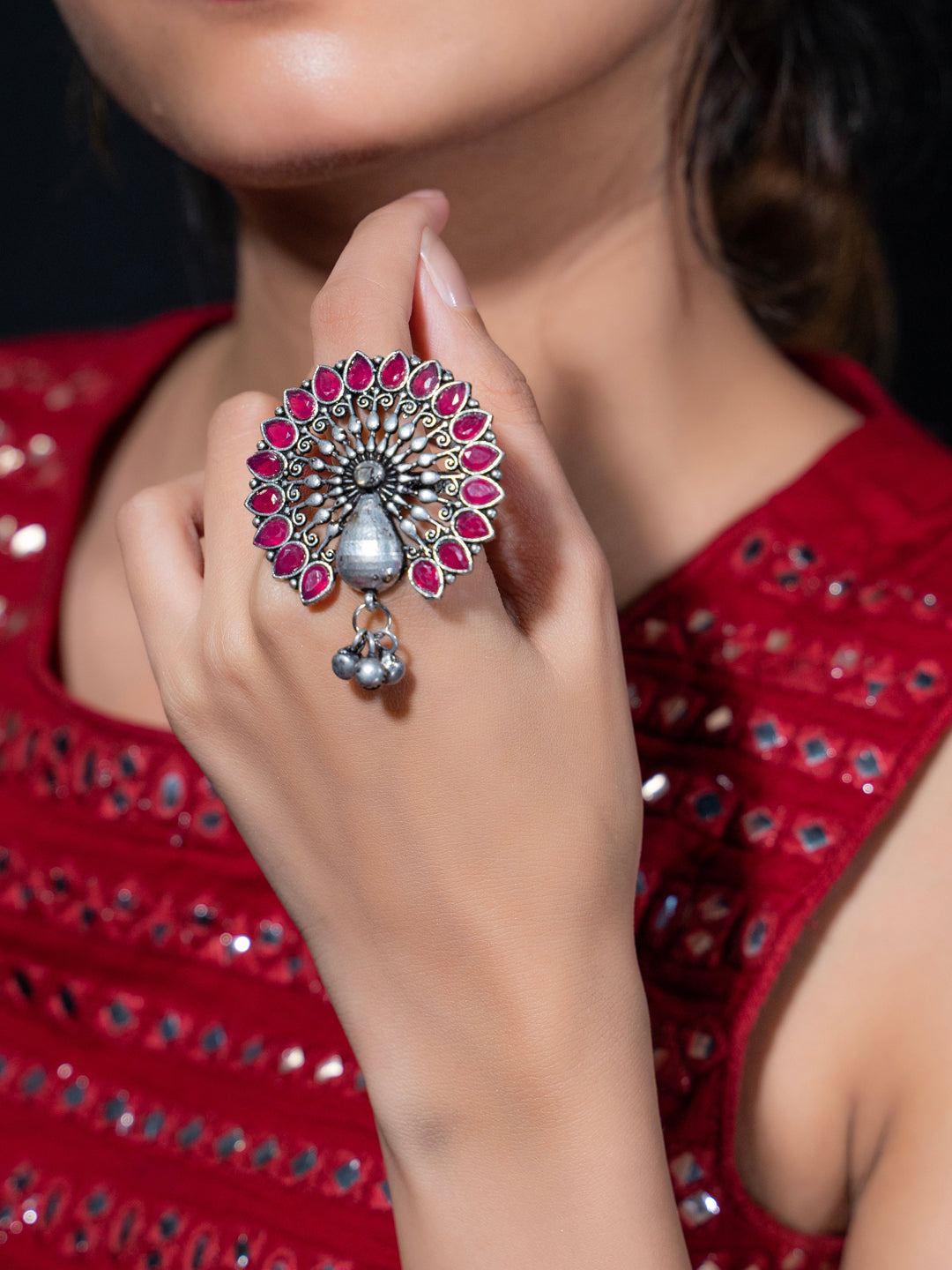 Anvika Majestic Regal Ruby Peacock Adornment Ring