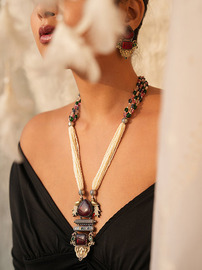Avira Long Necklace Set With Maroon Gemstone And Peacock Pendant
