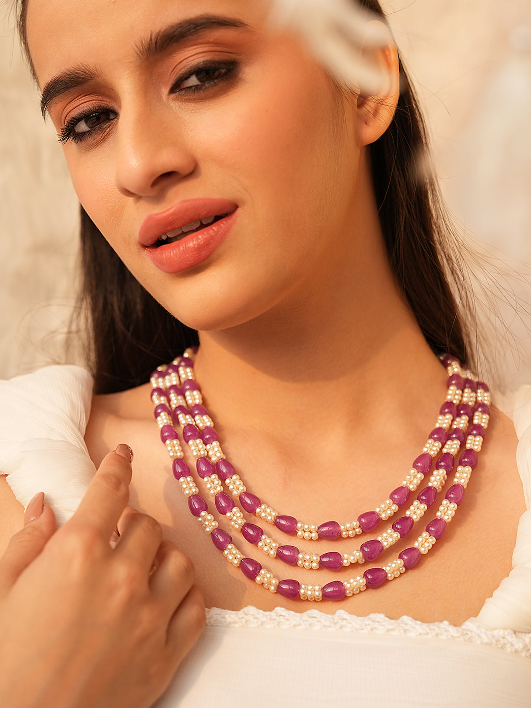 Vianna Tri-Layered Purple and White Beads Necklace Set