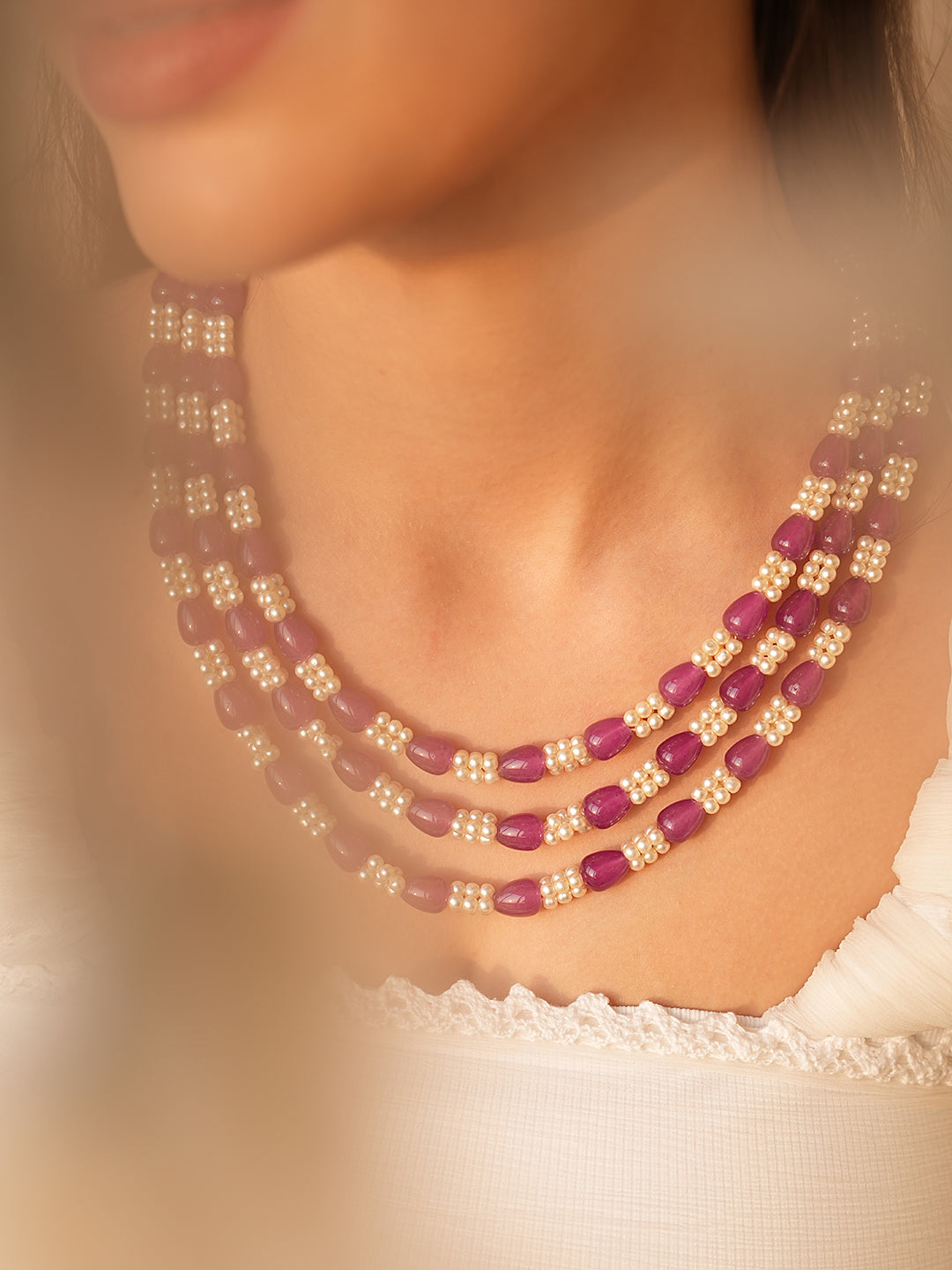 Vianna Tri-Layered Purple and White Beads Necklace Set