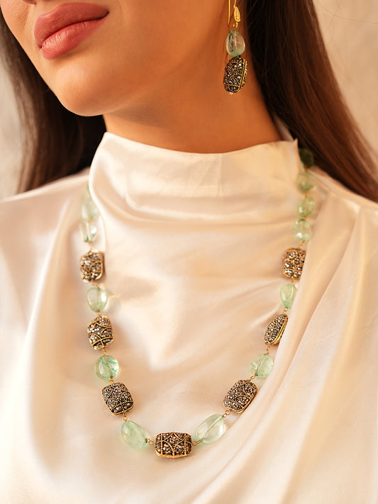 Celeste Dewdrop Sparkling Green Stones And Quartz Necklace Set