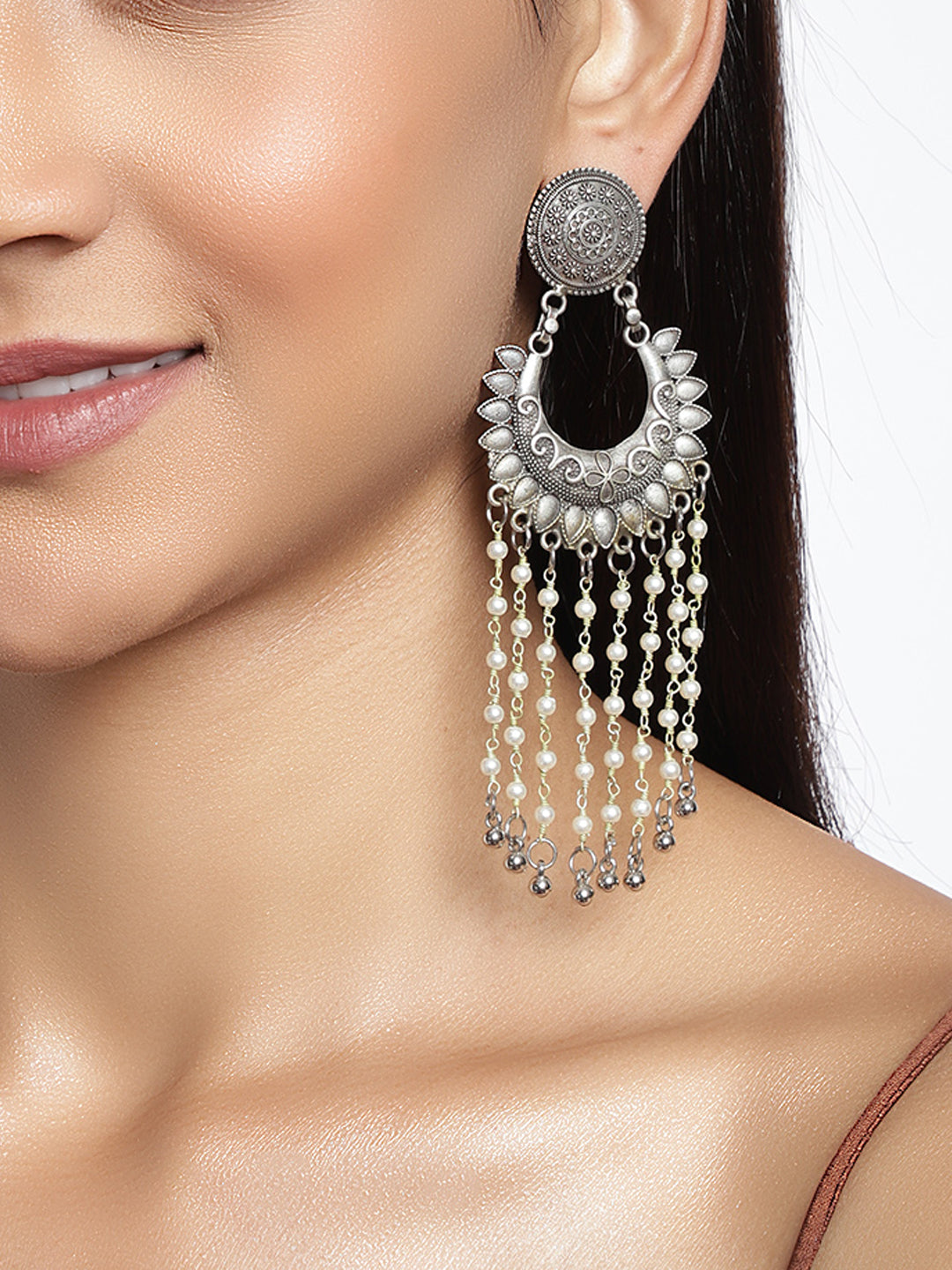 Ananya Contemporary Silver-Plated Drop Earrings With Pearls