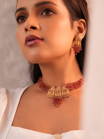 Golden Laxmi Rani Wine Beaded Necklace Set