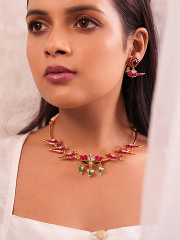 Gold-Plated Zaira Pakhi Lotus Meenakari Necklace Set