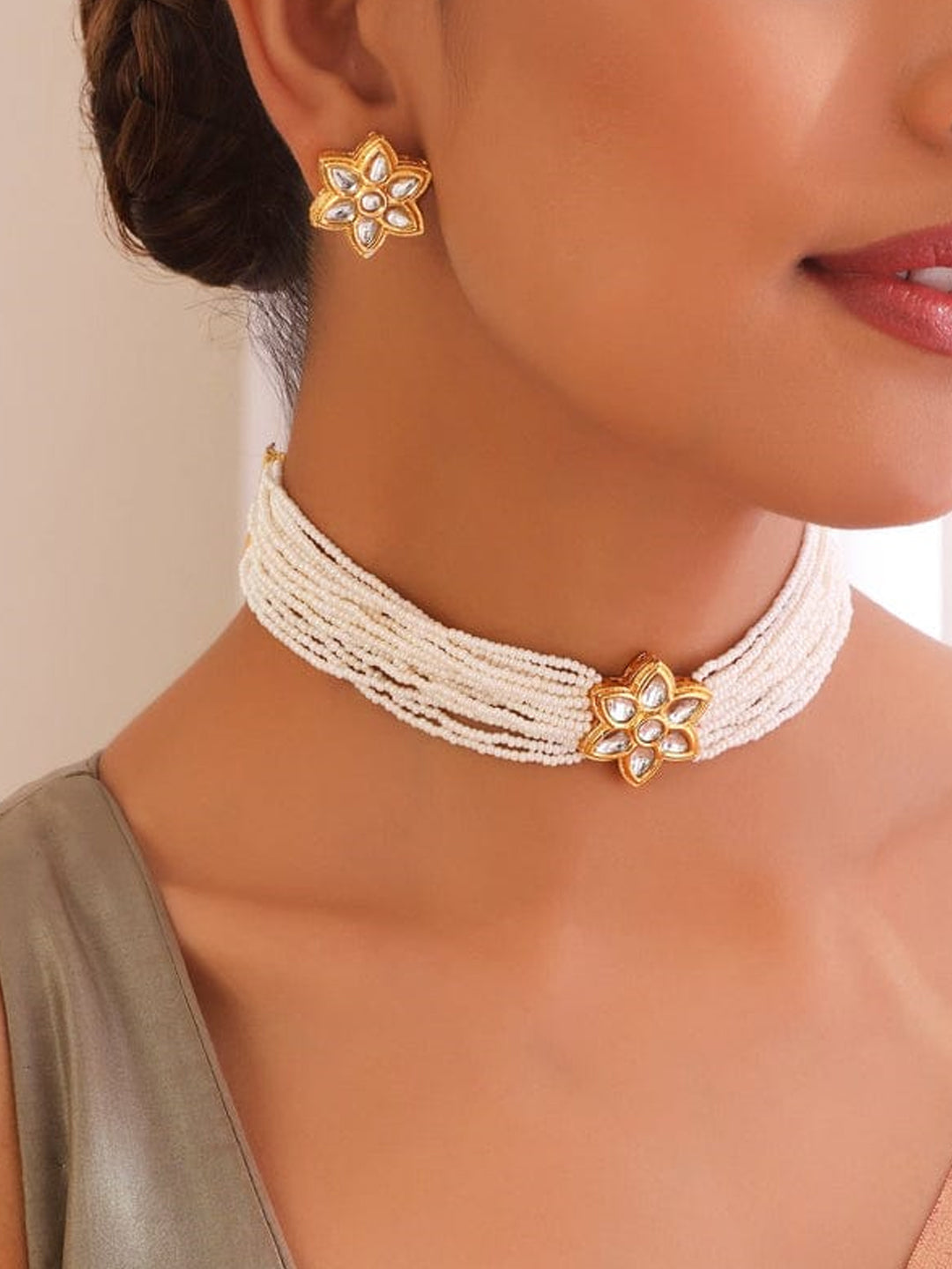 Floral Grace Kundan Pearl Choker Set