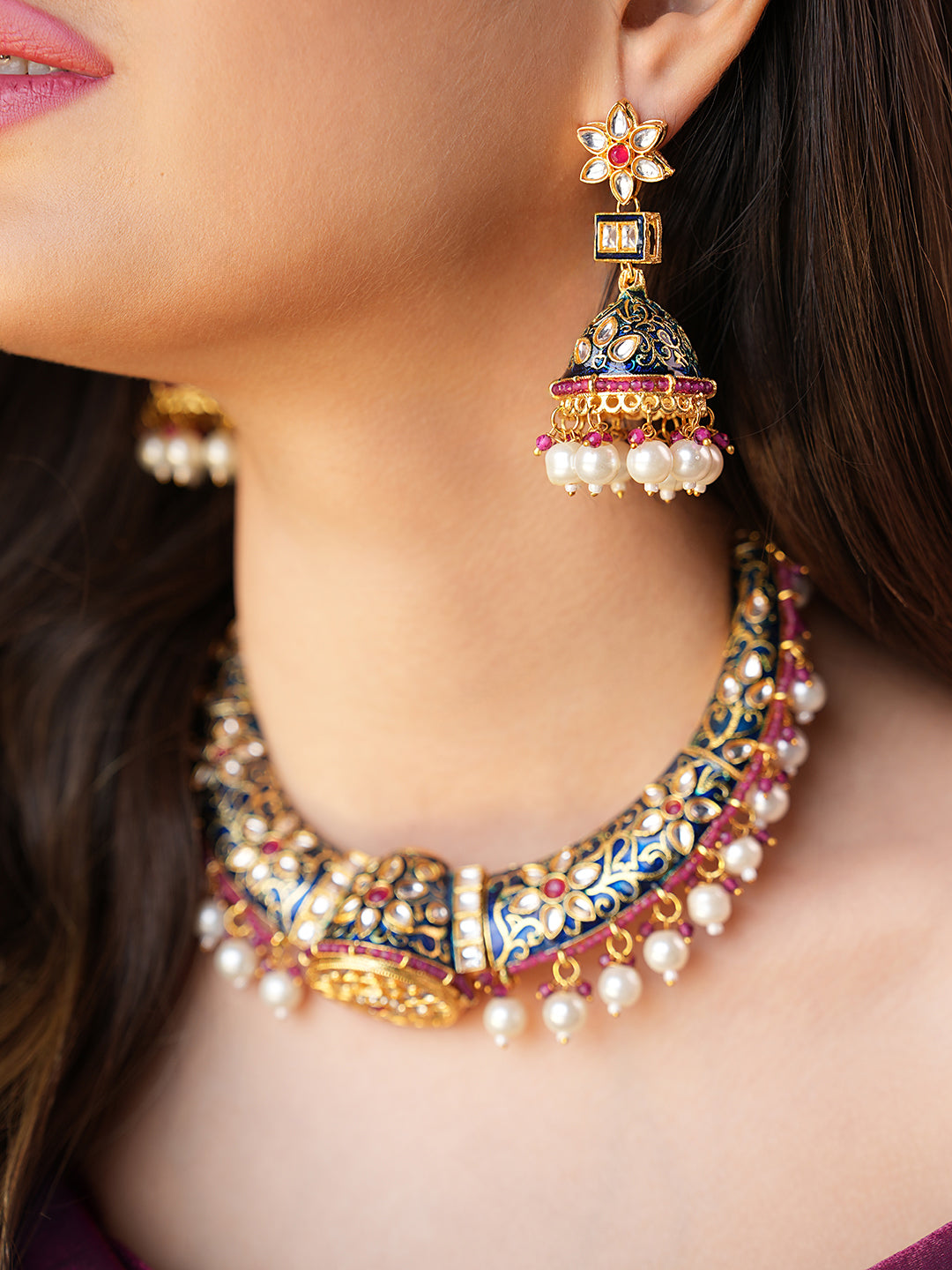 Rajmani Meenakari Pearl Choker Set