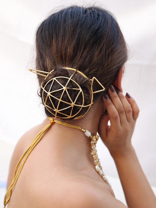 Nisha Matte Gold Elegance Hair Bun Cage With Matching Bun Stick