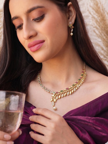Jiva Leaf Motif Golden Elegance Necklace Set