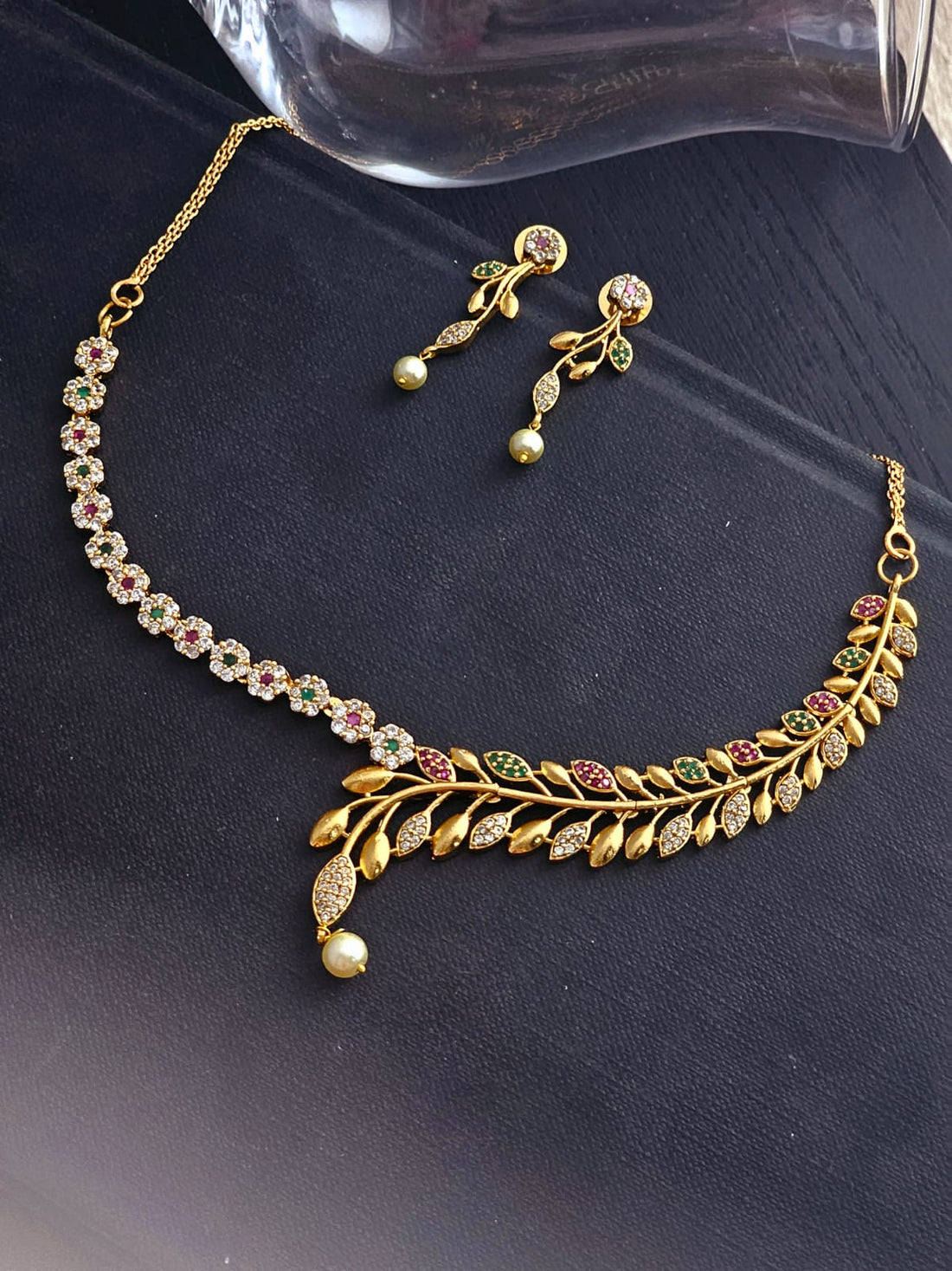 Jiva Leaf Motif Golden Elegance Necklace Set